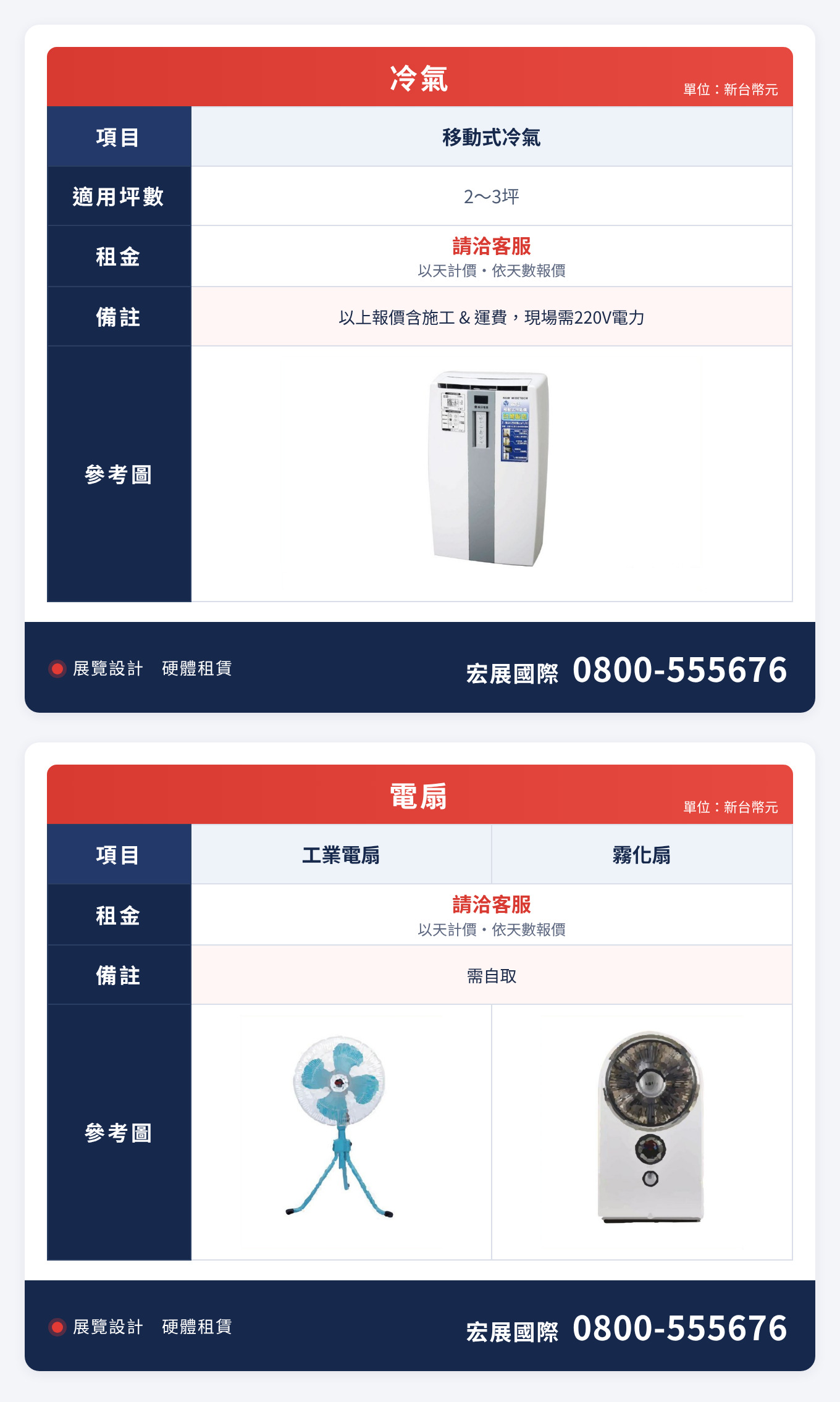 冷氣・電扇出租價目表|宏展國際:移動式冷氣、工業電扇、霧化扇一到三天租金